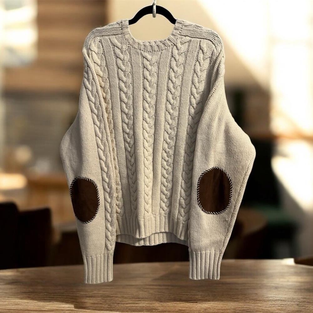 Rare Vintage POLO RALPH LAUREN Cable Fisherman Knit Suede Elbows Sweater 90s XXL